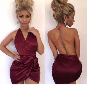 Oh Polly “Holy Wrap” Satin Wine Dress